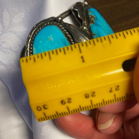 Navajo Signed Vintage 3 Stone Kingman Turquoise & Sterling Silver Bracelet Rare - Picture 10 of 12